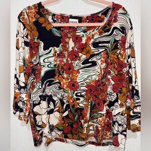 Chico's Artistic Floral Women's Blouse - Red, Orange, Black